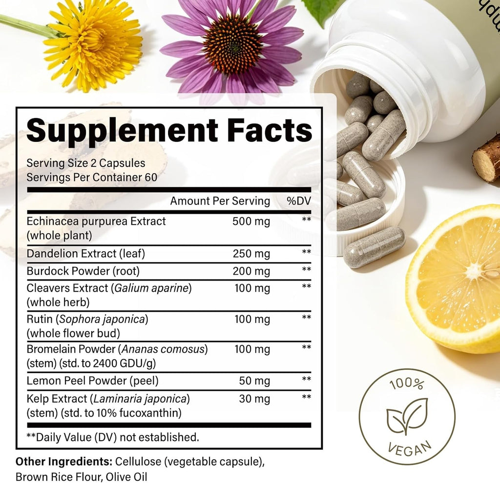 Lymphatic Drainage Supplements, Lymphatic Drainage Capsules for Immune Health & Fluid Balance – Natural Herbal with Echinacea, Dandelion & Burdock Root, Non-Gmo, Vegan, Gluten Free - 120 Capsules