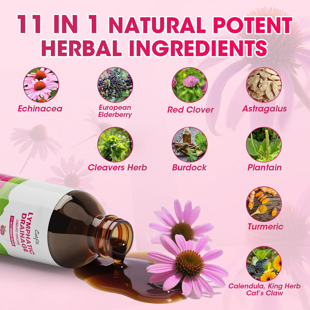 Lymphatic Drainage Drops Supplements,Lymph Support, Fluid Retention 4 Fl Oz | Echinacea,Elderberry,Cleavers, Red Clover Herb for Cleanse & Detox, Liver Health, Immune Support, Vegan, Non-Gmo,Raspberry