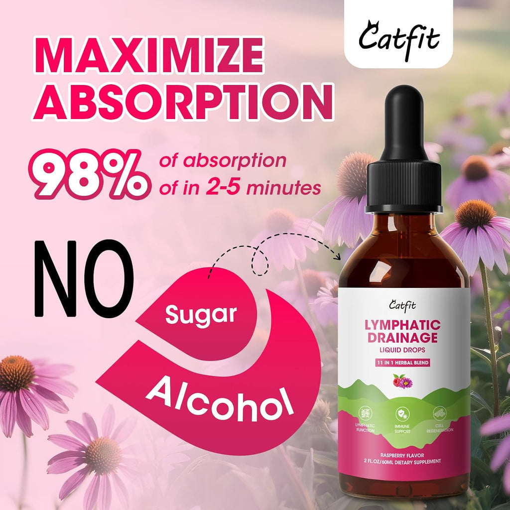 Lymphatic Drainage Drops Supplements,Lymph Support, Fluid Retention 4 Fl Oz | Echinacea,Elderberry,Cleavers, Red Clover Herb for Cleanse & Detox, Liver Health, Immune Support, Vegan, Non-Gmo,Raspberry