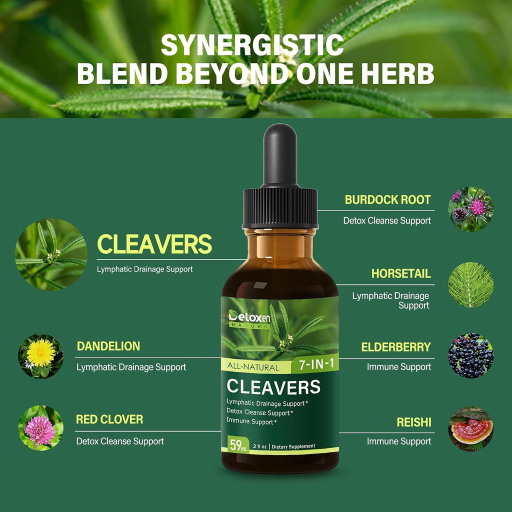 Cleavers Lymphatic Drainage Drops. 7-In-1 Herbal Tincture | Cleavers Herb Extract Supplement for Detox Cleanse Support & Immune Support W/ Elderberry Reishi. | High Absorption. 2 Oz