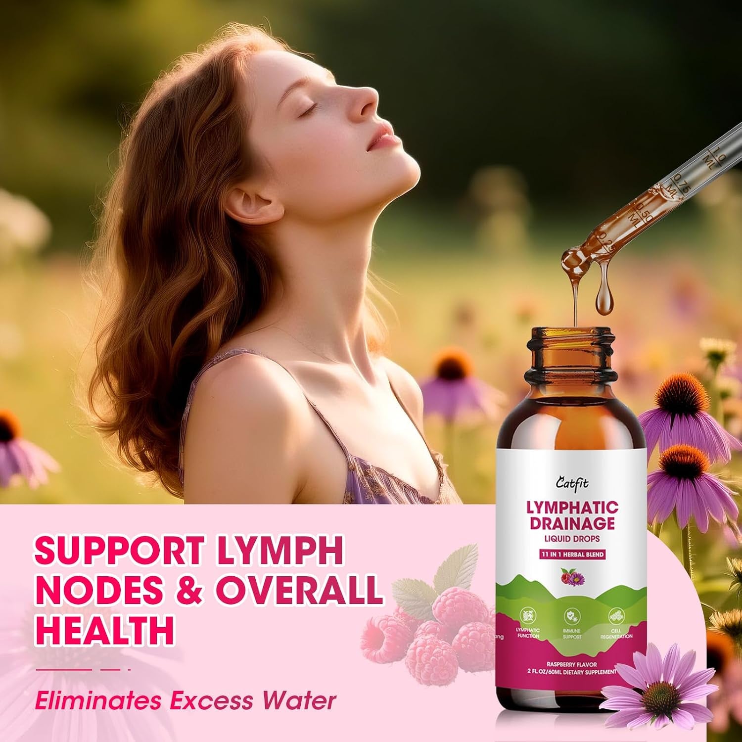 Lymphatic Drainage Drops Supplements,Lymph Support, Fluid Retention 4 Fl Oz | Echinacea,Elderberry,Cleavers, Red Clover Herb for Cleanse & Detox, Liver Health, Immune Support, Vegan, Non-Gmo,Raspberry