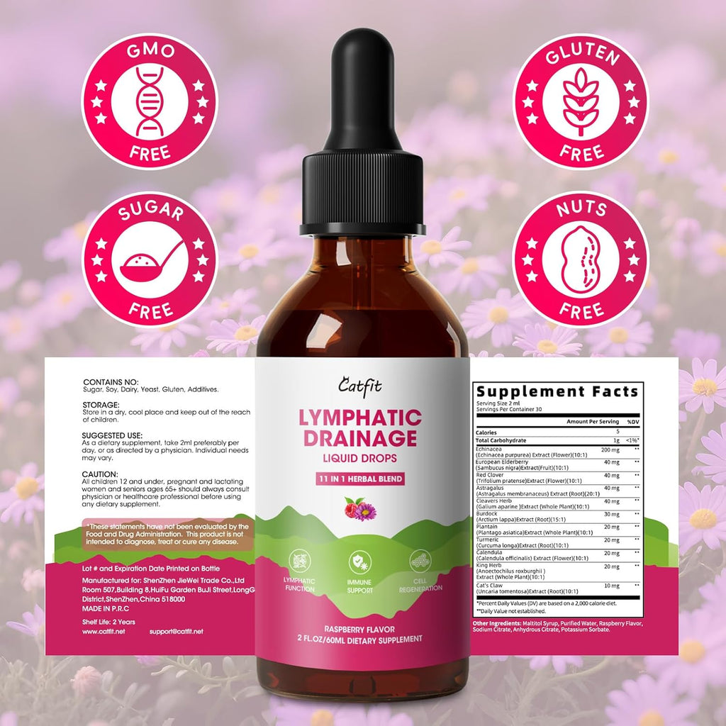 Lymphatic Drainage Drops Supplements,Lymph Support, Fluid Retention 4 Fl Oz | Echinacea,Elderberry,Cleavers, Red Clover Herb for Cleanse & Detox, Liver Health, Immune Support, Vegan, Non-Gmo,Raspberry