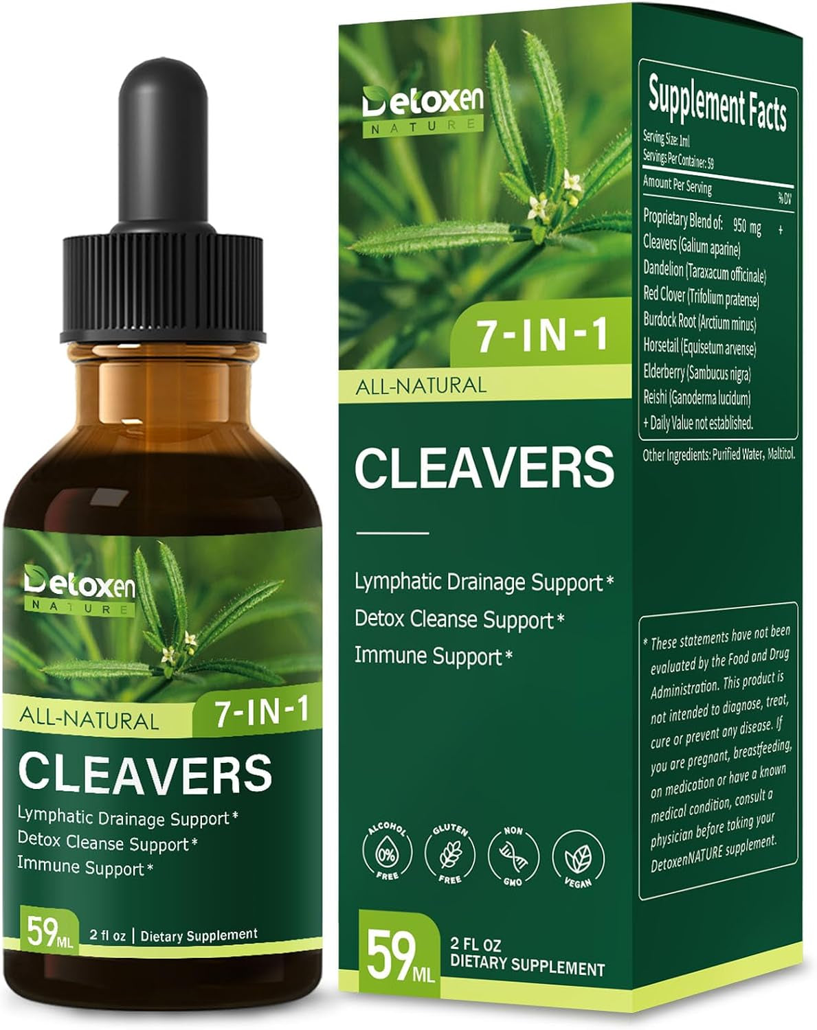 Cleavers Lymphatic Drainage Drops. 7-In-1 Herbal Tincture | Cleavers Herb Extract Supplement for Detox Cleanse Support & Immune Support W/ Elderberry Reishi. | High Absorption. 2 Oz