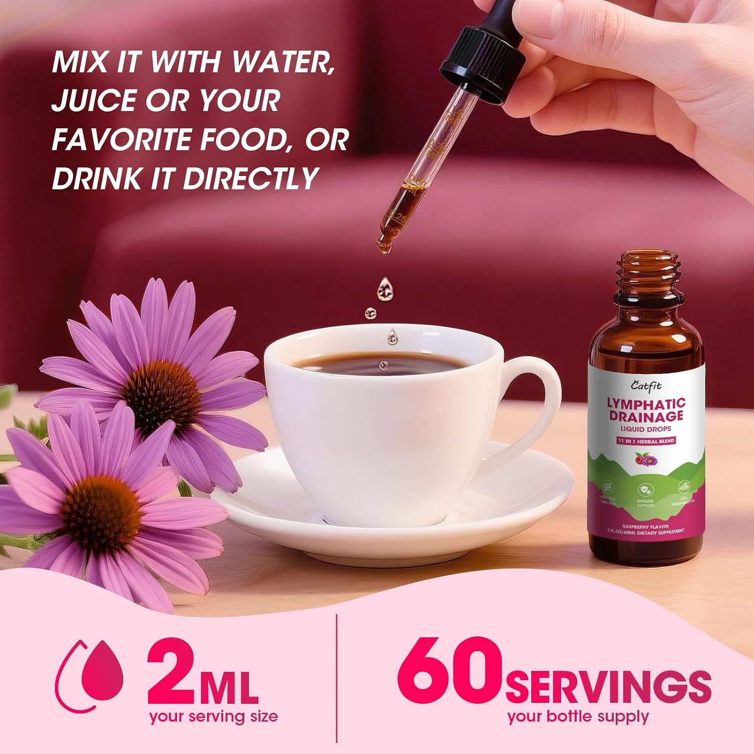 Lymphatic Drainage Drops Supplements,Lymph Support, Fluid Retention 4 Fl Oz | Echinacea,Elderberry,Cleavers, Red Clover Herb for Cleanse & Detox, Liver Health, Immune Support, Vegan, Non-Gmo,Raspberry